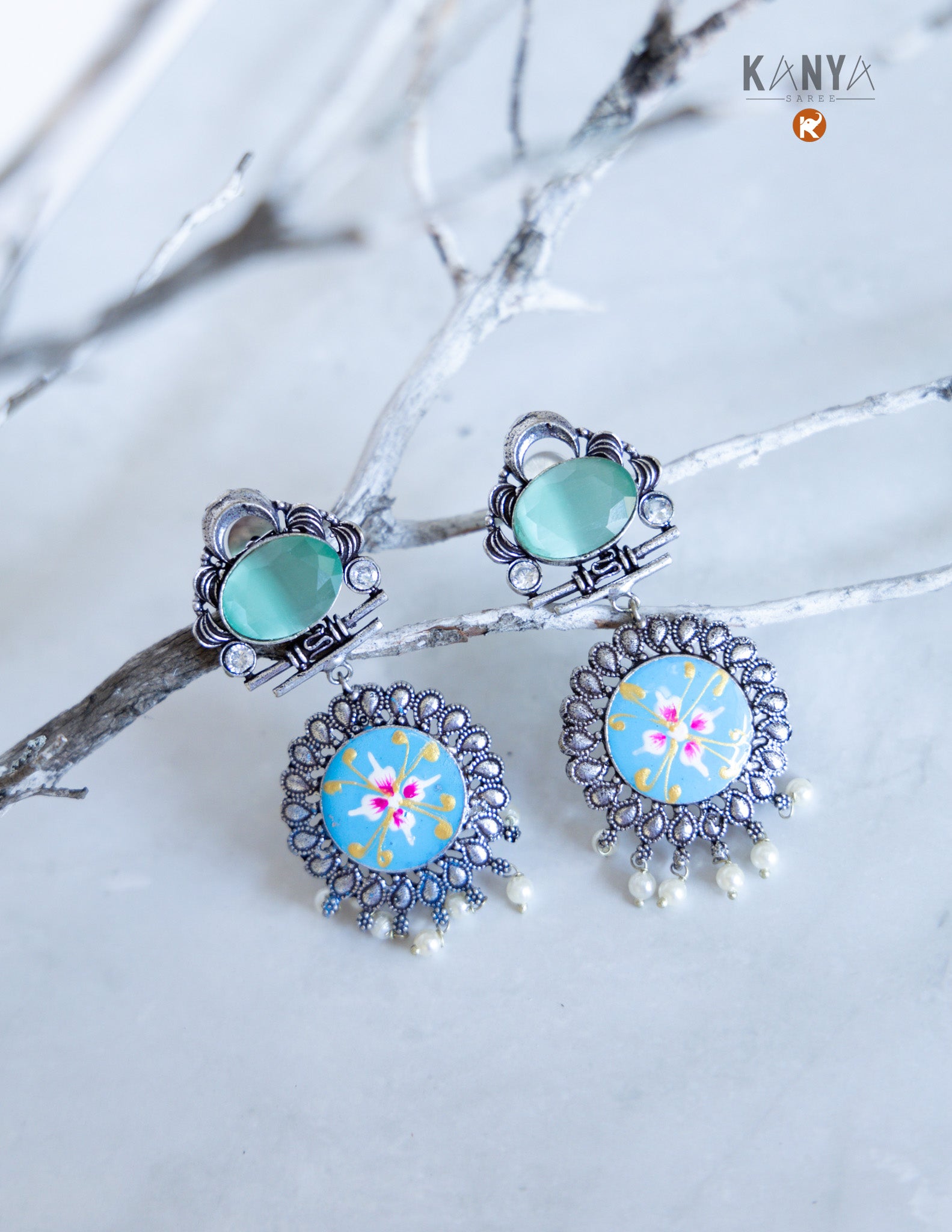Kanya Saree Silver Polish Hand Painted Earrings Artistic Ethnic Dangle Jewelry Handmade Statement Earrings