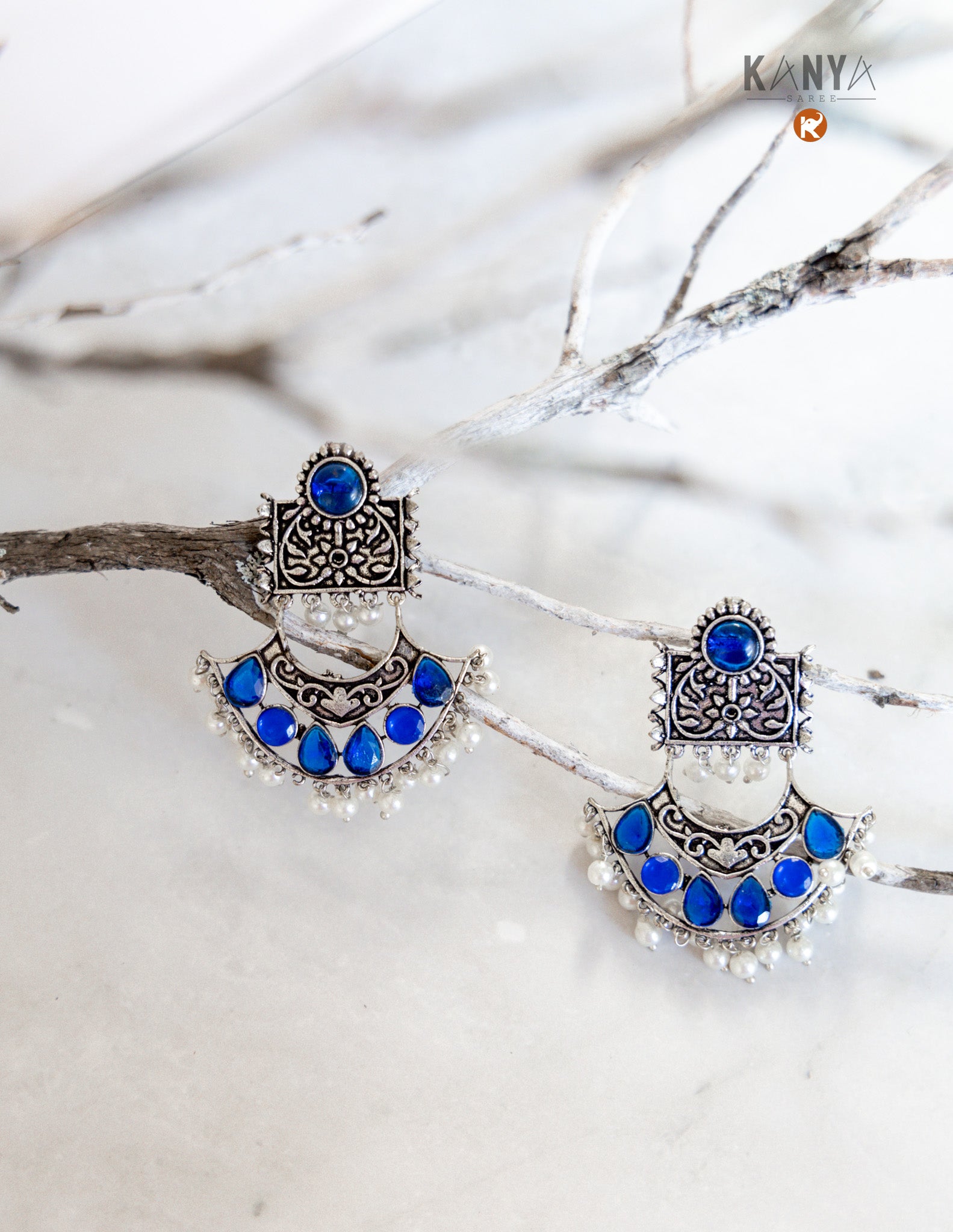 Kanya Saree Blue Stone Worked Jhumka Earrings Traditional Indian Ethnic Jewelry Dangle Earrings